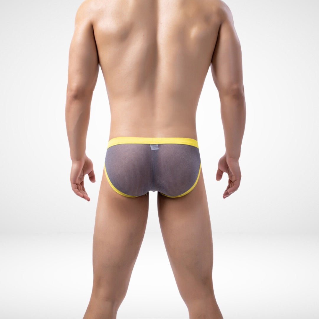 Men's mesh underwear with yellow waistband, showcasing breathable design.