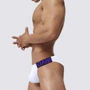 Side view of Adannu white low-waist hip briefs with purple waistband, highlighting the breathable and supportive design.