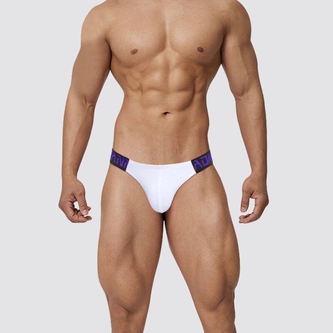 Front view of Adannu white low-waist hip briefs with purple waistband, showcasing a supportive and stylish design.