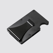 RFID aluminum wallet with a black money clip, designed for secure card and cash storage in a slim, durable profile.