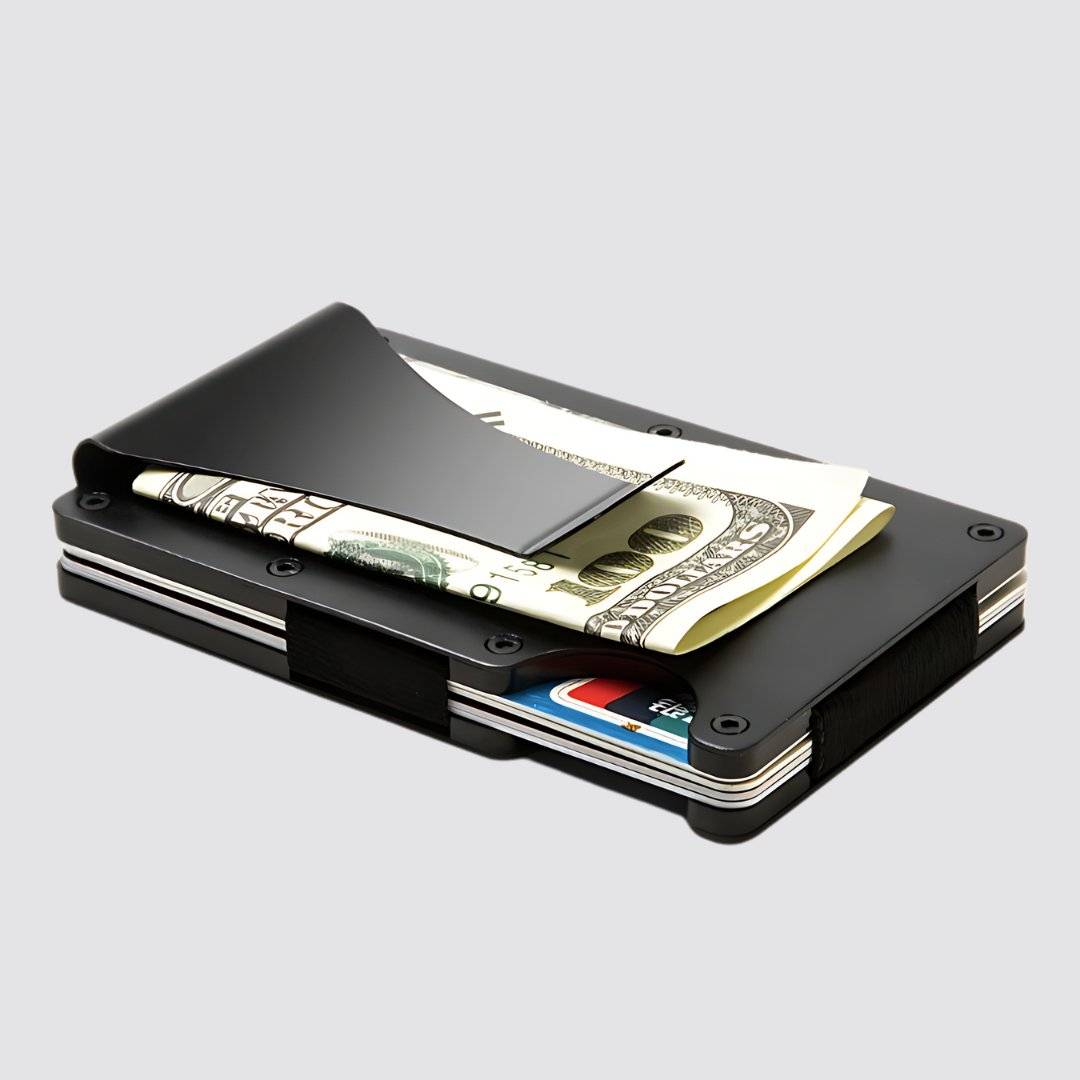 RFID compact aluminum wallet with a money clip holding cash and cards, featuring a slim and durable design for secure storage.