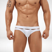 White Aura Cutout Swim Briefs for men featuring a modern cutout design and snug fit, ideal for stylish beach or poolside wear.