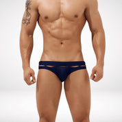 Black Aura Cutout Swim Briefs with a sleek cutout design, perfect for fashionable and functional men's swimwear.