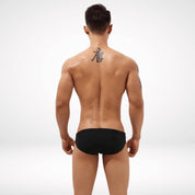 Back view of black Aura Cutout Swim Briefs emphasizing a clean and minimalistic design for a secure and stylish fit.