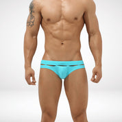 Back view of turquoise Aura Cutout Swim Briefs highlighting a smooth and comfortable fit for a trendy swimwear choice.