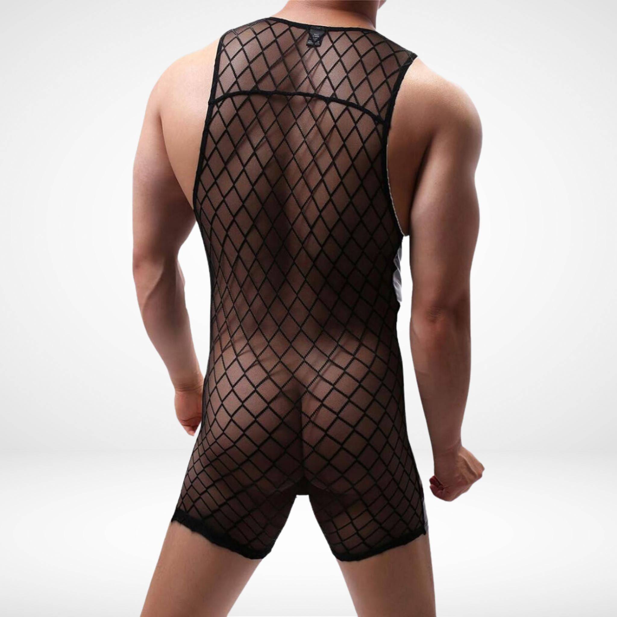 Black Transparent Mesh Men's Bodysuit Singlet - CrownJewel.co