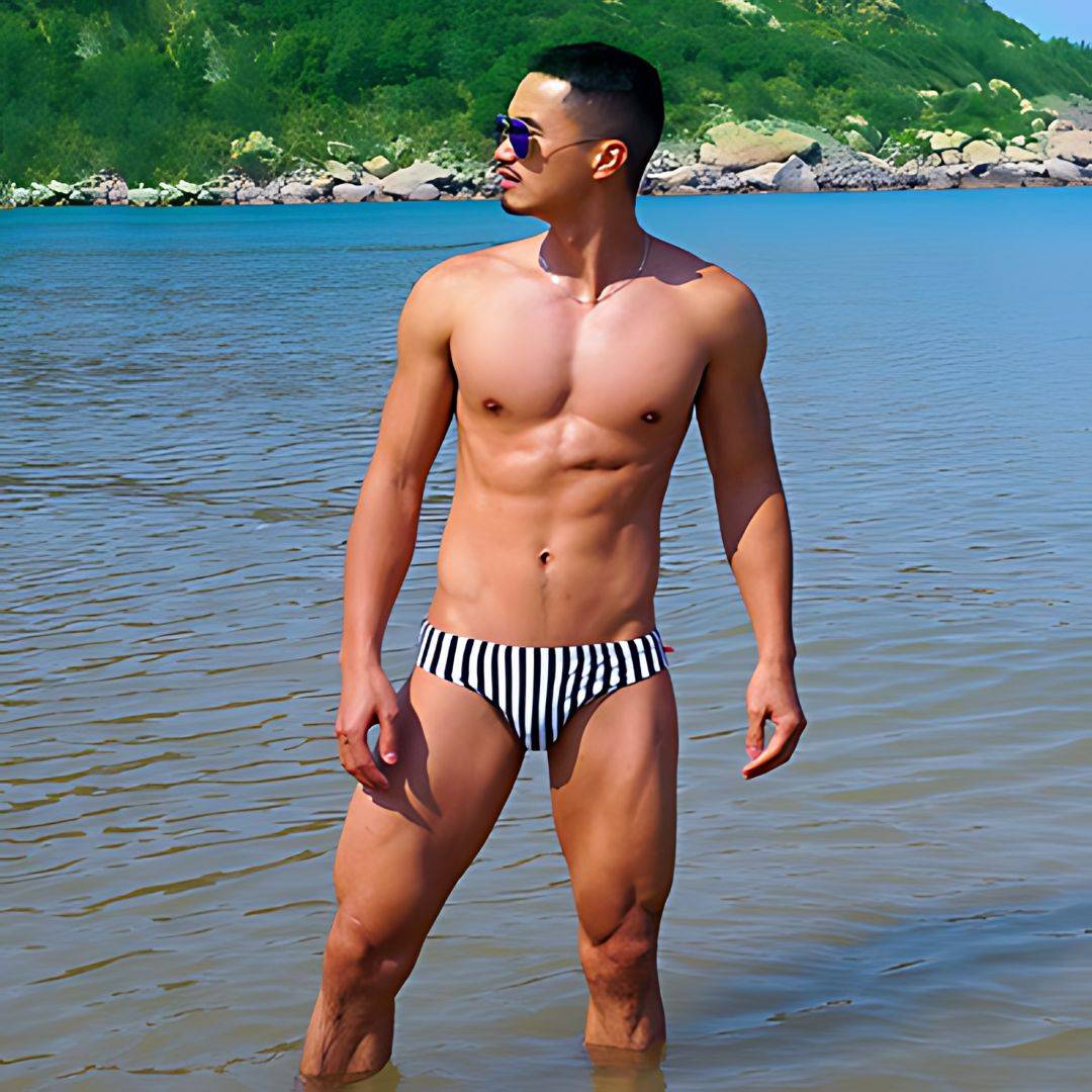 Front view of Black & White Vertical Stripe Swim Briefs modeled by a man standing in water with a beach backdrop.