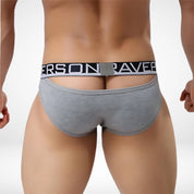 Back view of gray Brave Person hollow back men's briefs with black waistband, highlighting a bold and unique design.