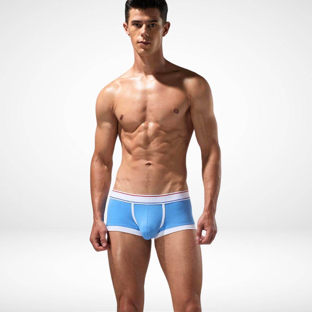 Blue breathable cotton stretch boxer briefs for men with white trim and a flexible waistband, ensuring comfort and style.