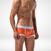 Orange breathable cotton stretch boxer briefs for men, styled with white trim and a soft waistband for everyday comfort.