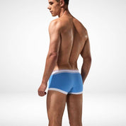 Back view of blue breathable cotton stretch boxer briefs for men, featuring white trim and a snug, durable fit.