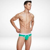 Green breathable cotton stretch briefs for men with white contrast piping and a comfortable, flexible fit.