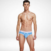 Front view of light blue breathable cotton stretch briefs for men with white piping and a snug, flexible fit.