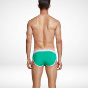 Back view of green breathable cotton stretch briefs for men with white piping and a snug, supportive design.