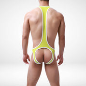 Rear view of yellow breathable mesh open back wrestling singlet with a jockstrap-style cut and minimal coverage for comfort.