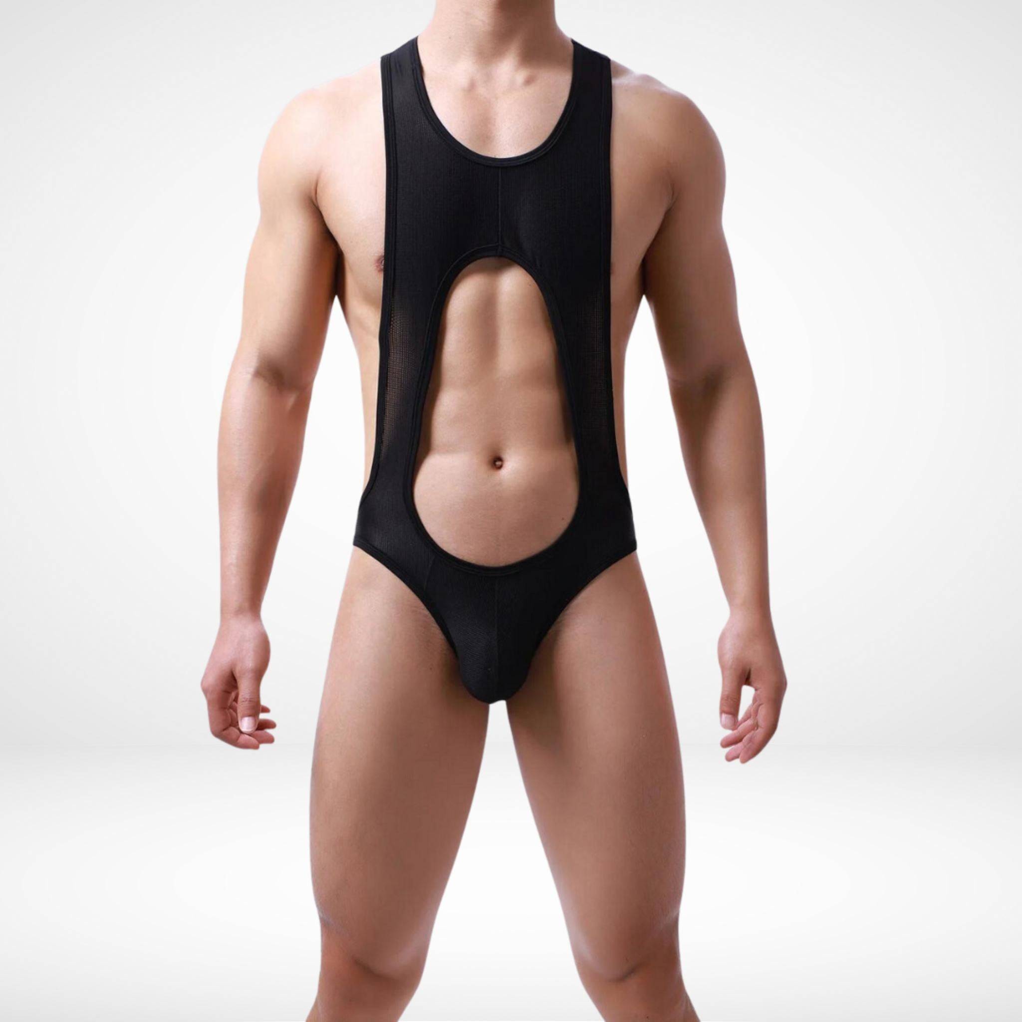 Men's breathable mesh open back wrestling singlet in black, featuring a front cutout and jockstrap-style back for performance wear.