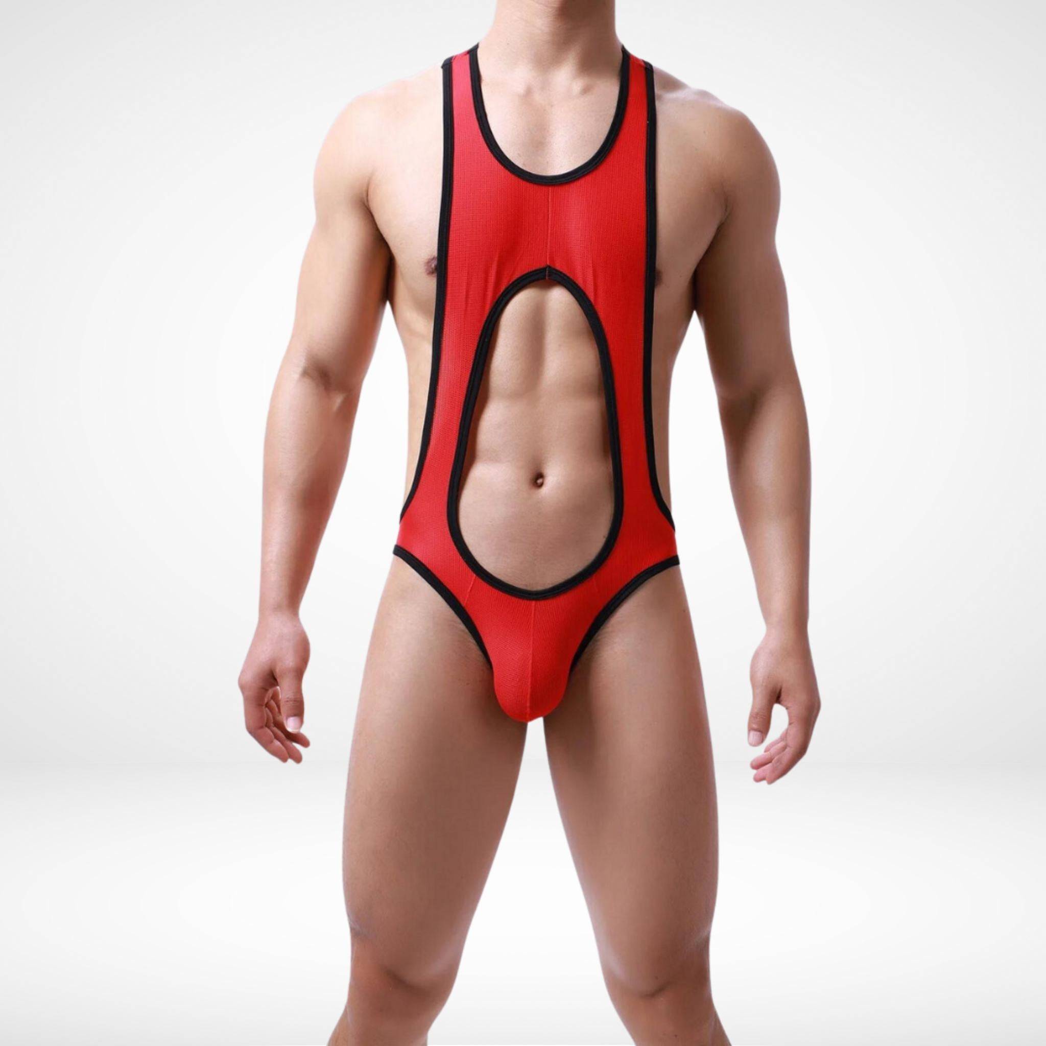 Men's breathable mesh open back wrestling singlet in red, featuring a front cutout and jockstrap-style back for performance wear.