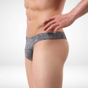 Side view of gray breathable soft thong underwear for men, emphasizing the soft waistband and breathable material.