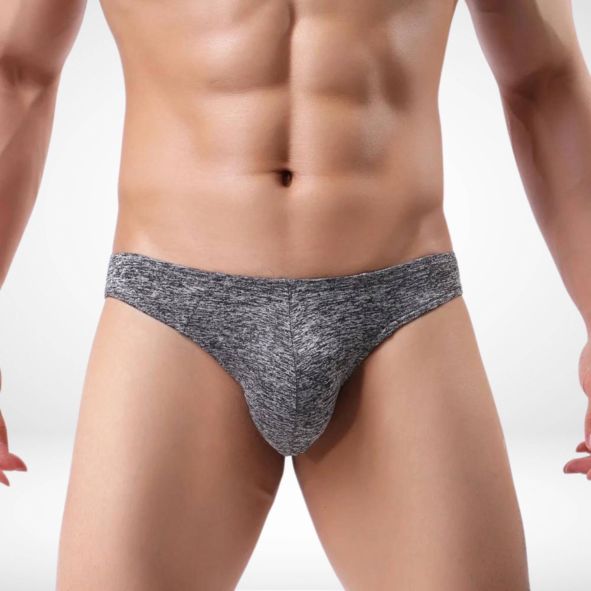 Front view of gray breathable soft thong underwear for men, highlighting the supportive pouch and sleek design.