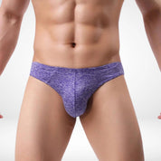 Front view of purple breathable soft thong underwear for men, featuring a supportive pouch and minimalistic design.