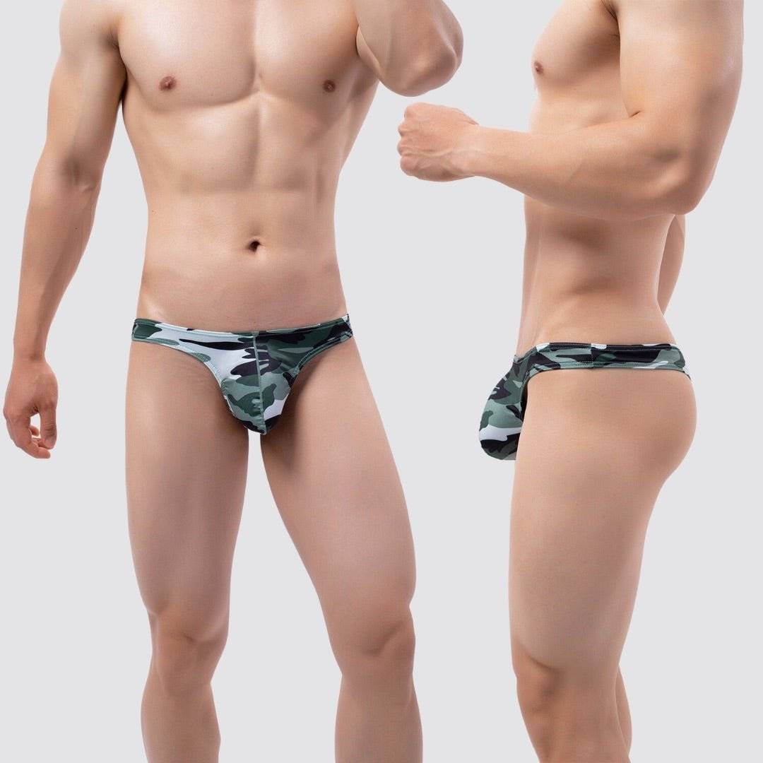 Men's camo thong in gray camouflage pattern, offering a comfort fit bulge pouch and lightweight, breathable material.