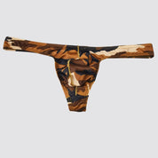 Flat-lay of brown camo thong featuring a contoured bulge pouch and elastic waistband for a secure and comfortable fit.