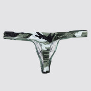 Flat-lay of gray camo thong with a contoured bulge pouch and elastic waistband for a snug and stylish fit.