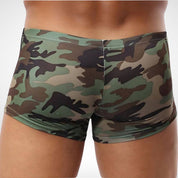 Rear view of men's camouflage boxer briefs highlighting the seamless design and breathable fabric for a comfortable fit.