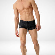 Drawstring Square Cut Swim Trunks - Black