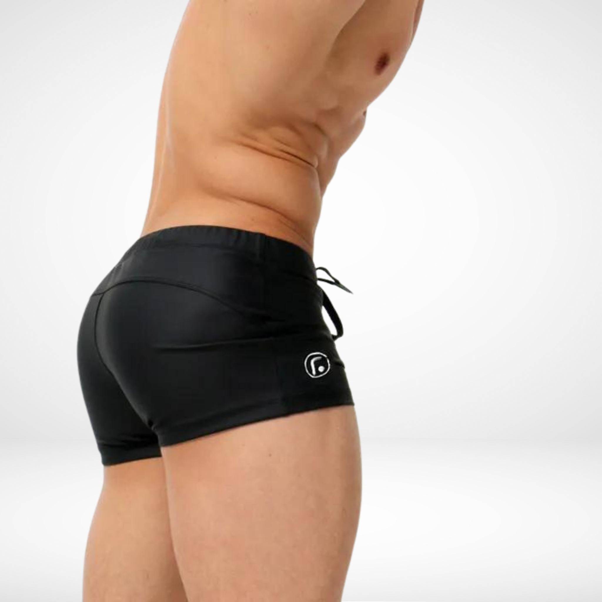 Drawstring Square Cut Swim Trunks - Black