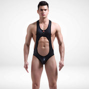 Front view of a men's faux leather open back jockstrap wrestling singlet, showcasing a breathable, form-fitting design with a daring open front.