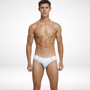 Front view of men's gradient swim briefs in white and blue, showcasing a low-rise waist and stretchy, quick-dry material.