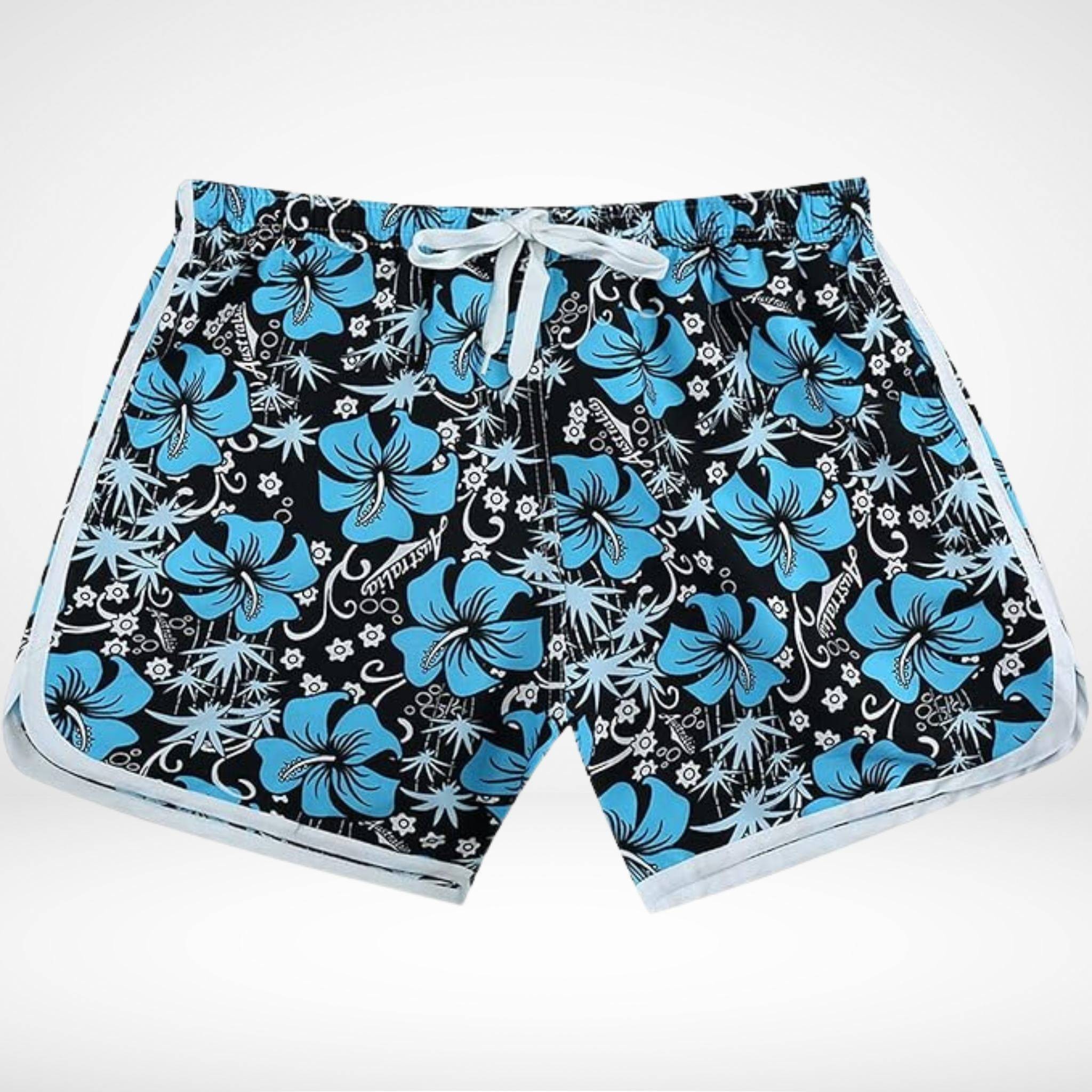 Hibiscus Floral Hawaiian Swim Trunks - Blue