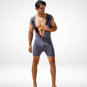 Gray hooded sleeveless bodysuit with button-up front, offering a sleek and versatile option for men's casual fashion.