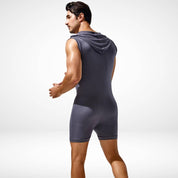 Side view of gray hooded sleeveless bodysuit, highlighting its snug fit and urban-inspired design for men.