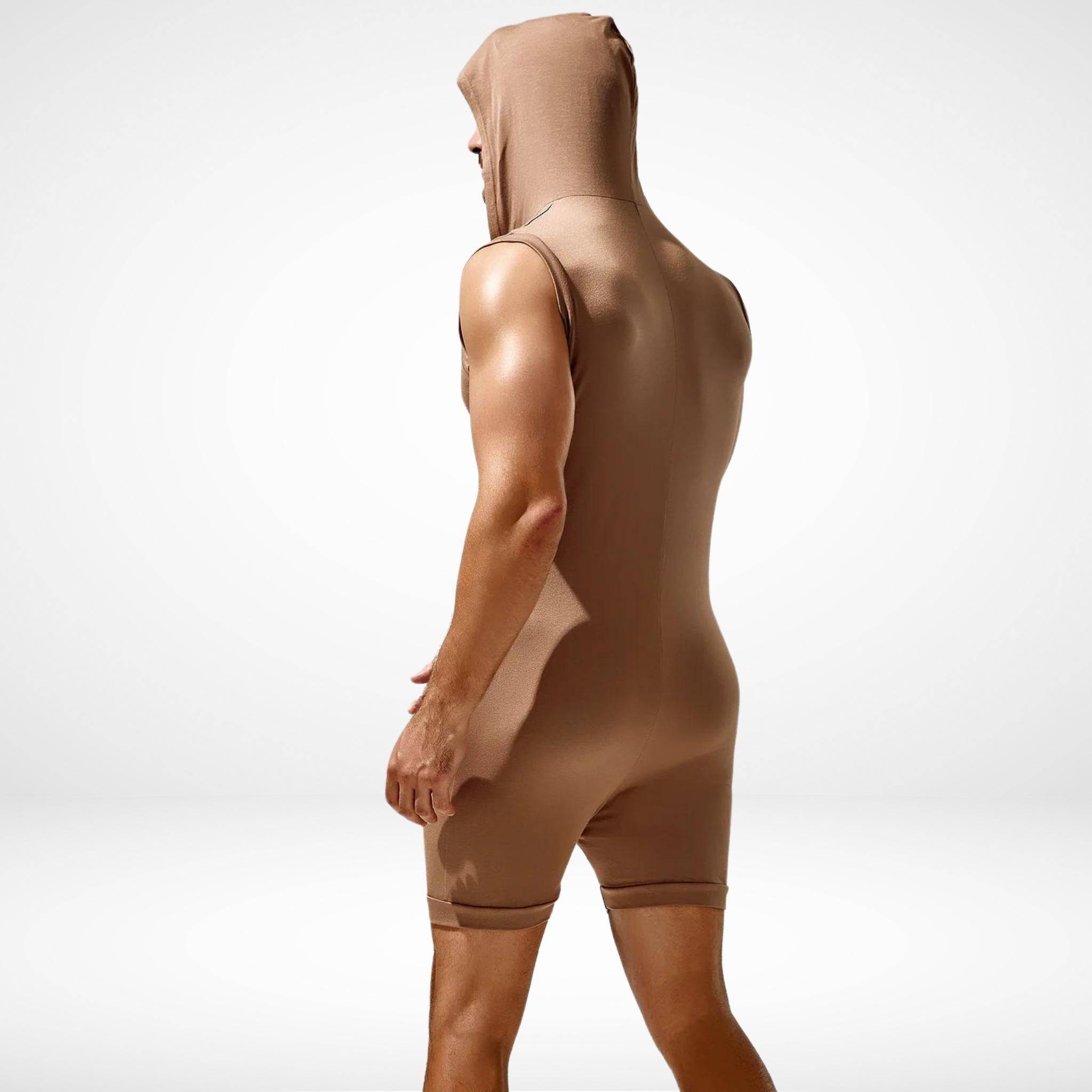 Side view of brown hooded sleeveless bodysuit, showcasing its tailored fit and contemporary design for men.