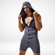 Gray hooded sleeveless bodysuit with button-up front, showcasing a bold and contemporary men's casual wear style.