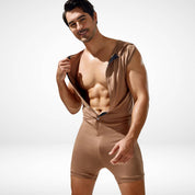 Brown hooded sleeveless bodysuit with button-up front, blending comfort and style for a modern men's casual look.