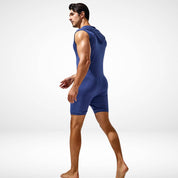 Side view of blue hooded sleeveless bodysuit, emphasizing its tailored fit and modern design for men.