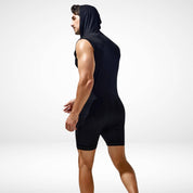 Side view of black hooded sleeveless bodysuit, highlighting its sleek fit and urban-inspired design for men.