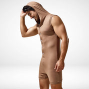 Brown hooded sleeveless bodysuit with button-up front, ideal for elevating men's casual style with a trendy flair.