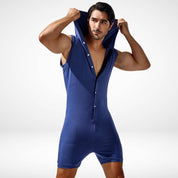 Blue hooded sleeveless bodysuit with button-up front, combining comfort and style for men's casual wear.