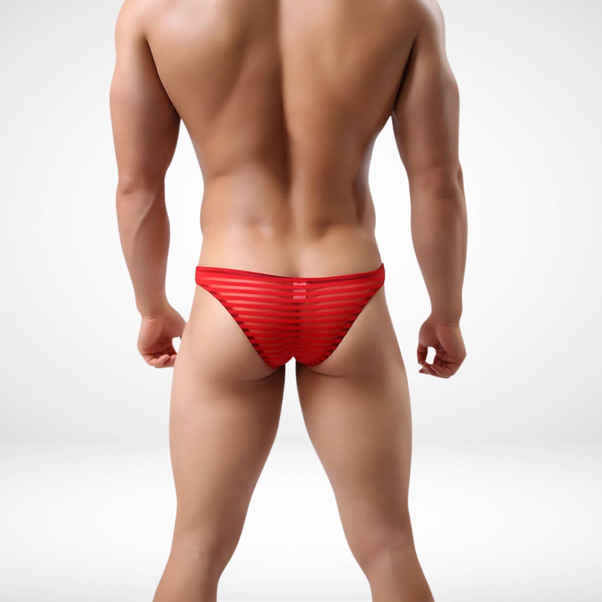 Horizontal Stripe Transparent Men’s Briefs - Red