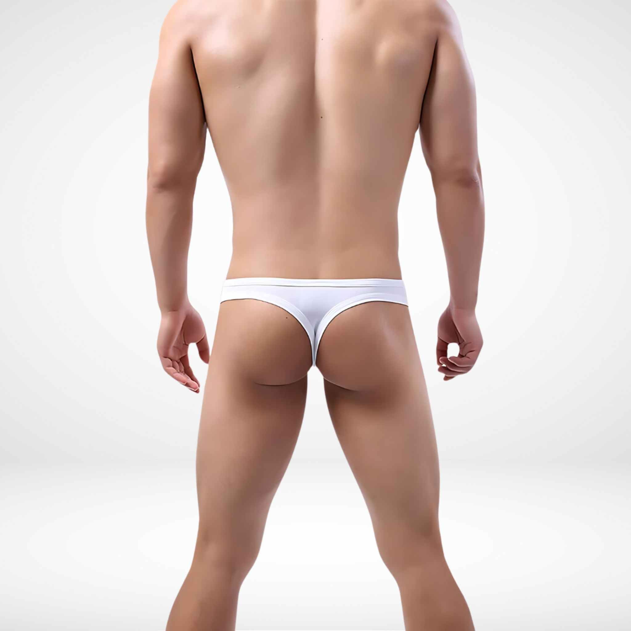 Back view of men's white ice silk low-rise thong with a minimal design and lightweight, quick-dry fabric for all-day wear.