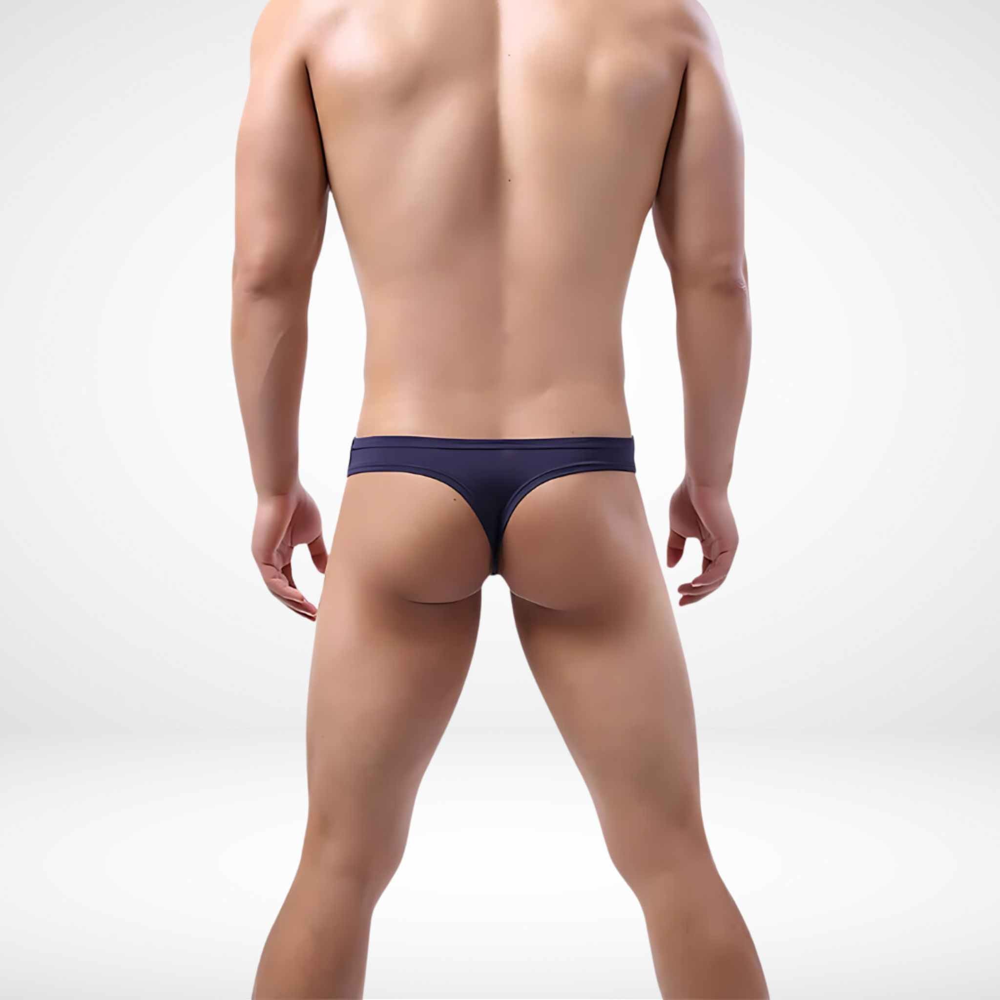 Back view of men's gray ice silk low-rise thong showcasing a sleek, minimal design and secure elastic waistband.