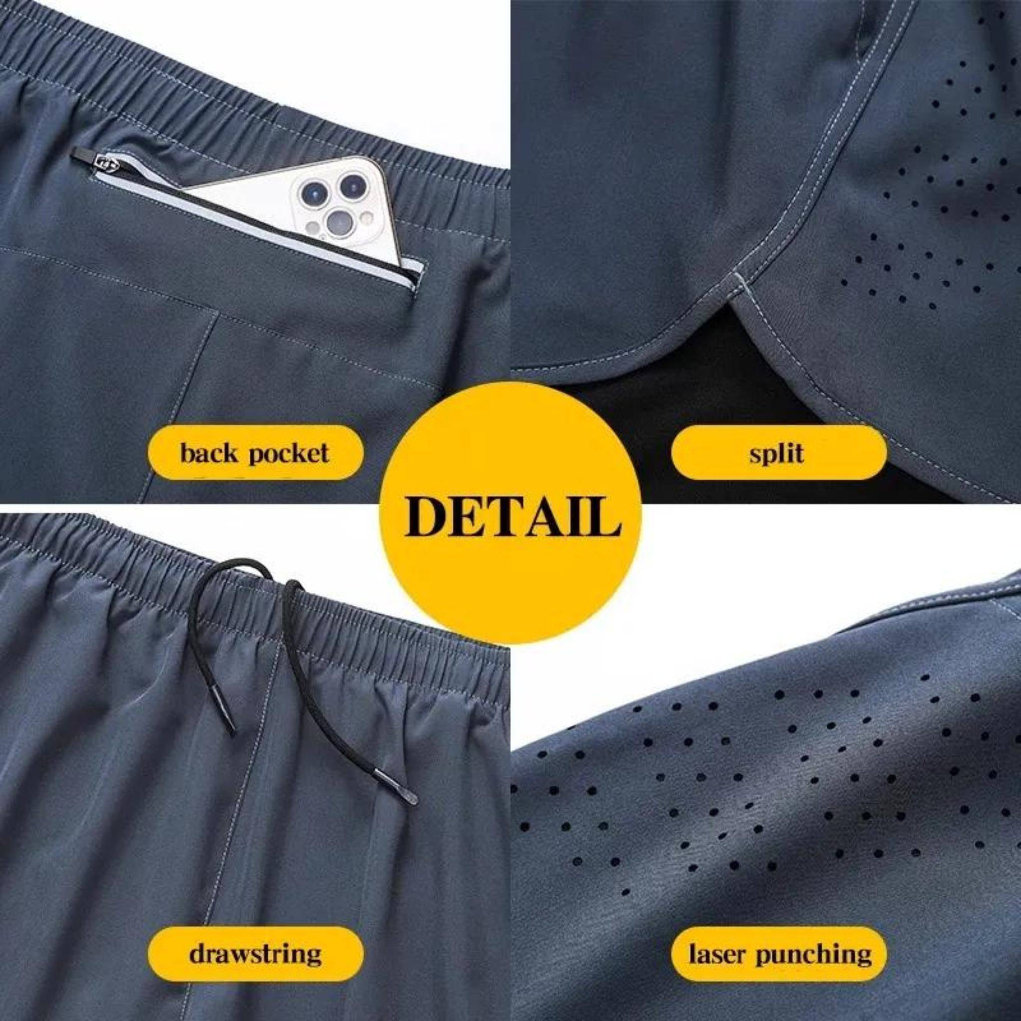 Close-up details of METCON workout shorts, highlighting the back pocket, drawstring, split hem, and laser-punched ventilation.