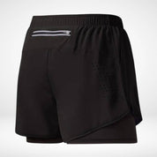 Black METCON compression lined workout shorts with a built-in liner, zippered back pocket, and breathable laser-cut design.