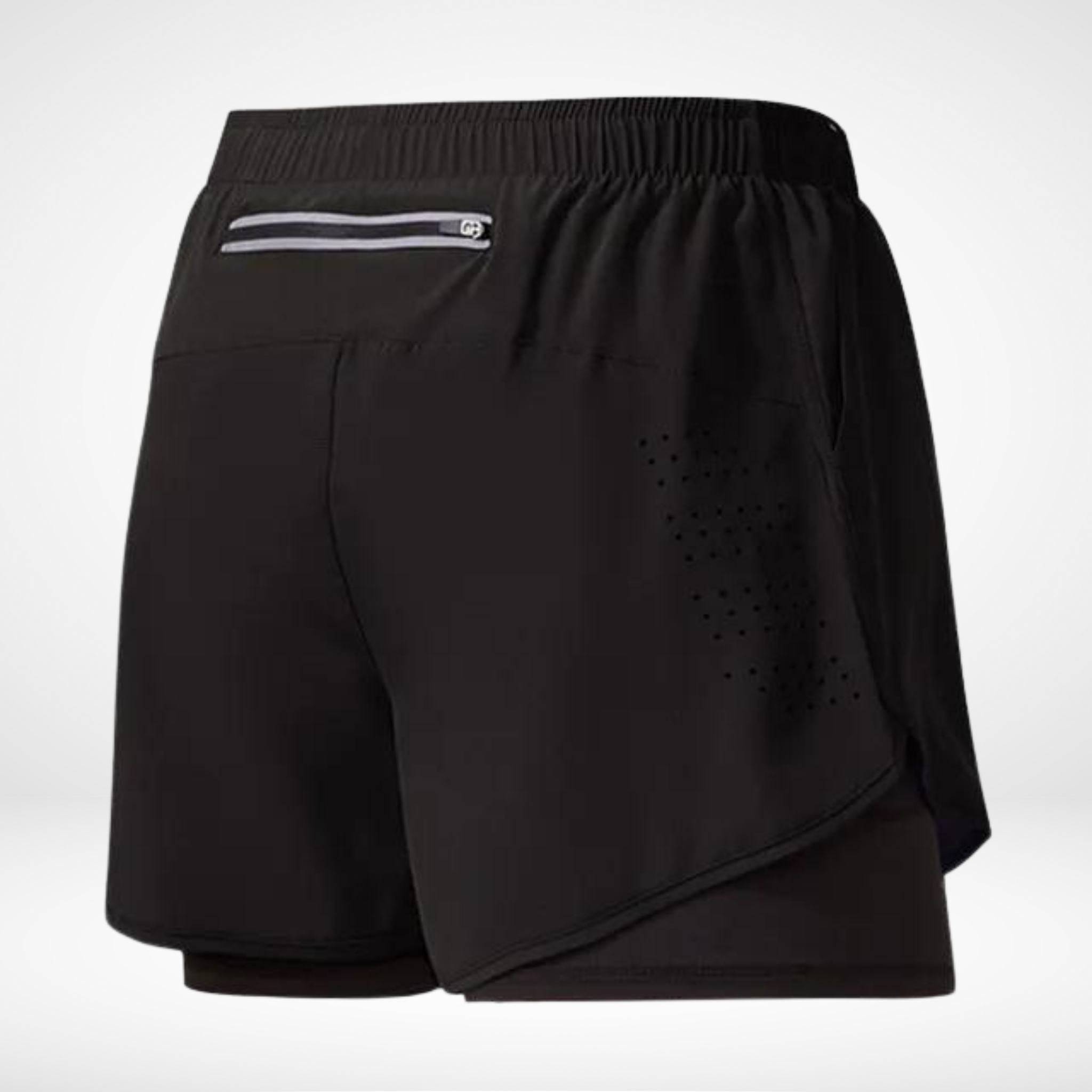 Black METCON compression lined workout shorts with a built-in liner, zippered back pocket, and breathable laser-cut design.