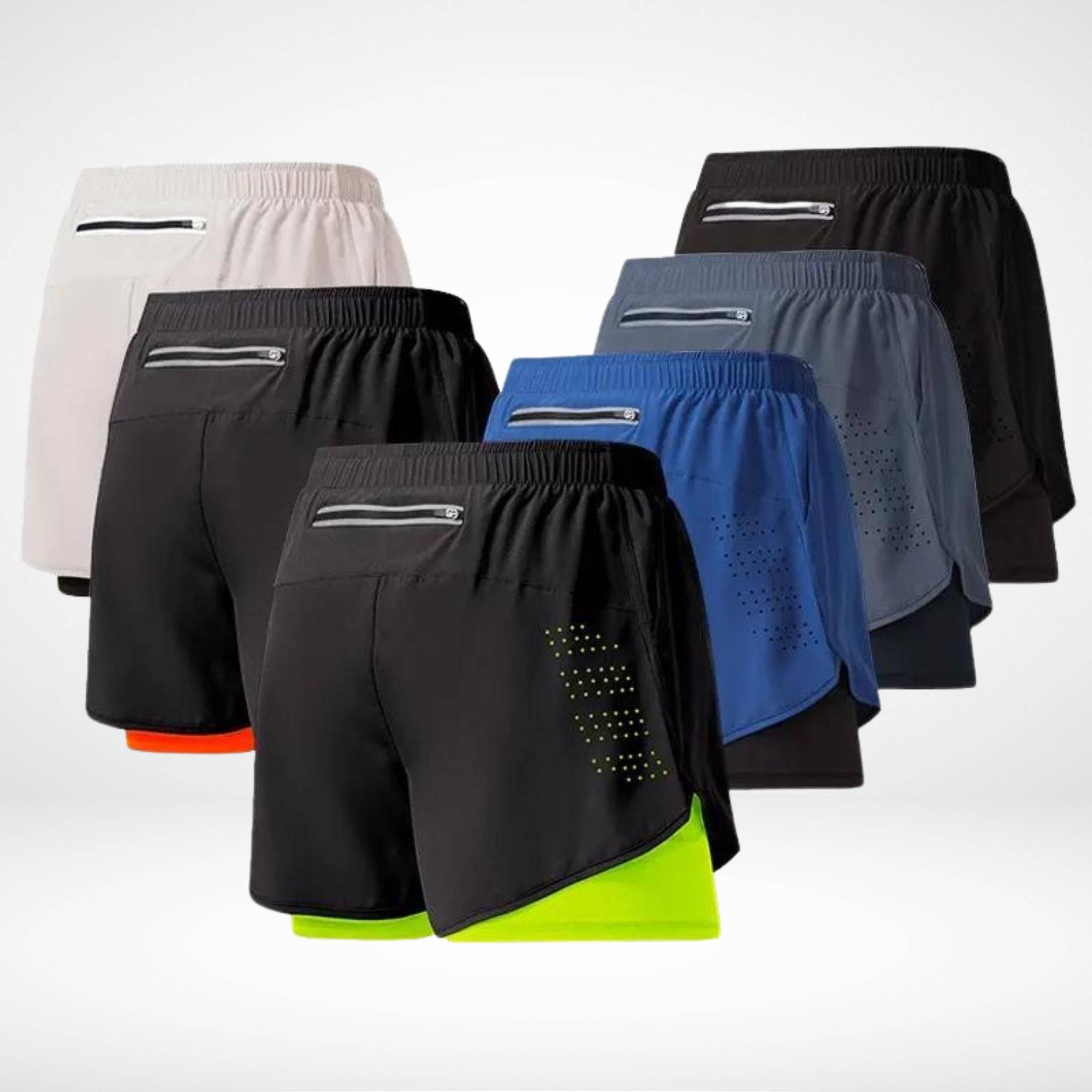 Collection of METCON compression lined workout shorts in various colors, featuring built-in liners, back pockets, and breathable design.