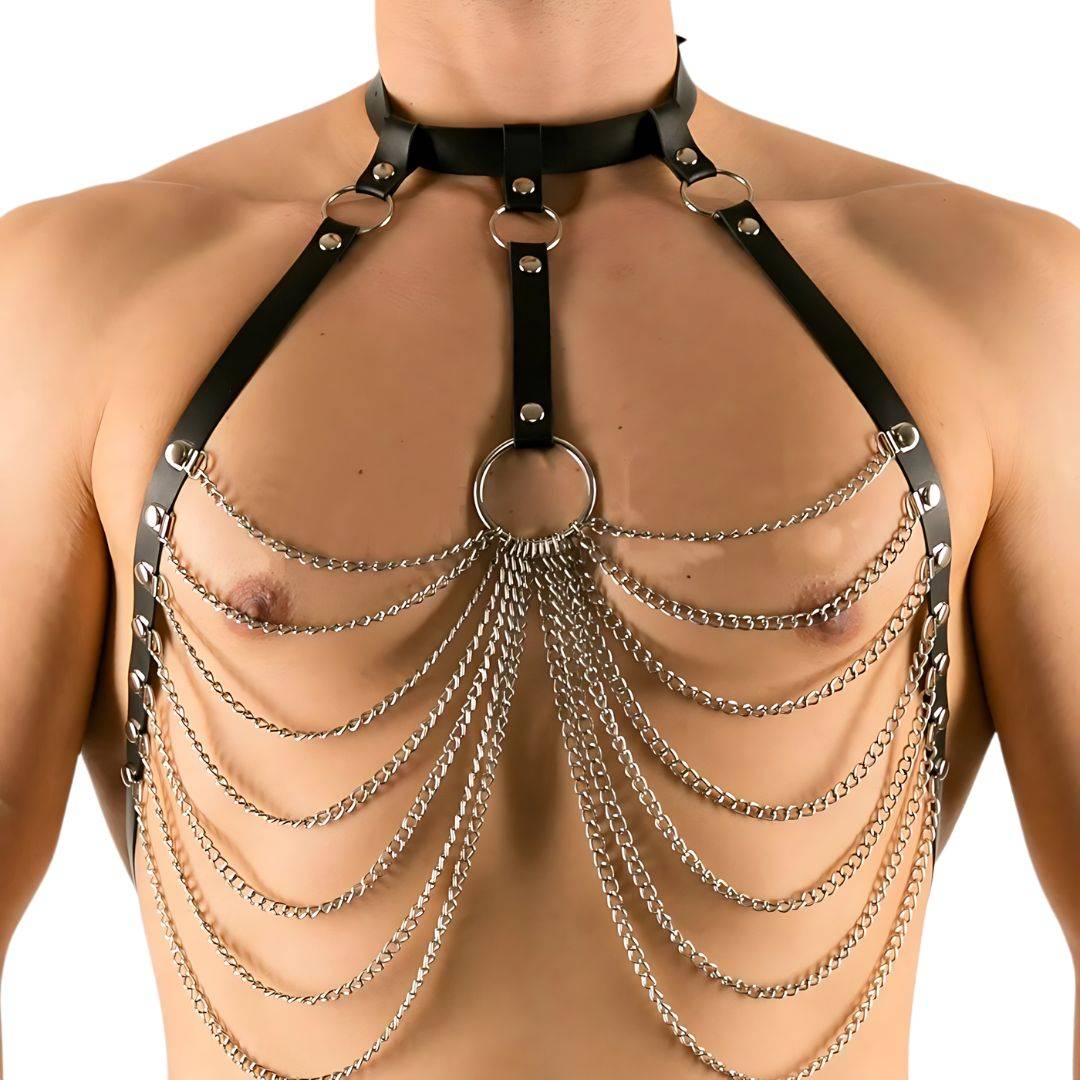 Ornate Black Leather & Chain Chest Harness - CrownJewel.co